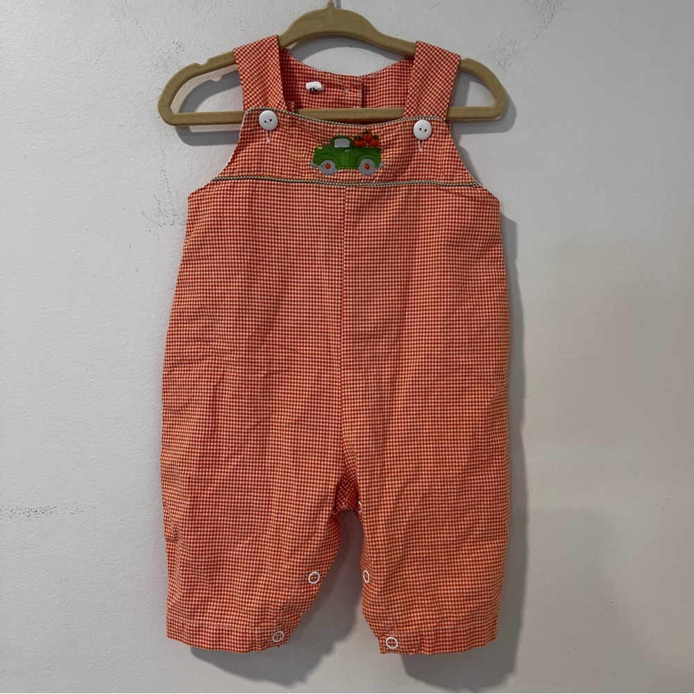 Orange Gingham embroidered Pumpkin Truck Overalls